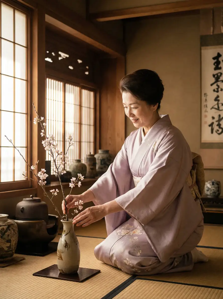 一位优雅的 sanjidianying 在和室中插花
